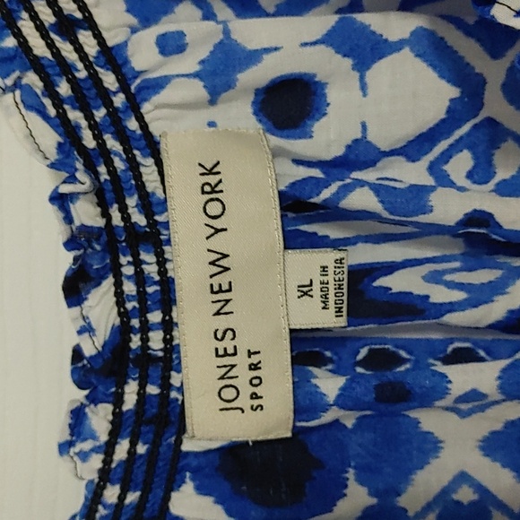 Jones New York Blue Patterned Women's XL Top Puff Sleeve Tassels Elastic Hem - Picture 2 of 8